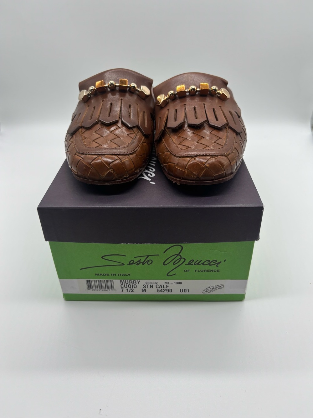 Sesto Meucci Brown Woven Leather Fringe Slide Mules with Gold Accents